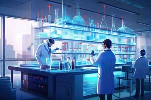 AI generated Scientists working in laboratory. Research and development concept. 3D Rendering, Biotechnology laboratory with scientists in lab coats conducting experiments, AI Generated photo