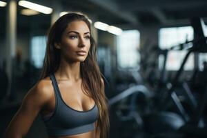 AI generated Beautiful sexy athletic young brunette Caucasian girl working out training arms in the gym gaining weight pumping up muscles and poses fitness and bodybuilding concept, Portrait, photo