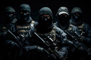 AI generated Special forces soldiers in black uniforms and helmets with assault rifles on black background, Armed special forces group with shotguns on a black background, face covered with masks photo