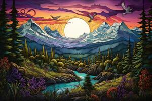 AI generated Fantasy landscape with mountains, river and forest - illustration for children, A whimsical mountain landscape featuring purple mountains, evergreen trees, and grinning wildlife photo