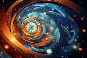 AI generated abstract background with clock and stars in space. 3d illustration, Colorful abstract background wallpaper featuring a modern motif visual art created with mixtures of oil paint photo