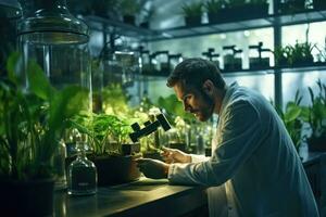 ai generado experimentado científico trabajando con plantas. grave joven hombre en blanco laboratorio Saco examinando plantas mientras trabajando en su laboratorio, biólogo trabajando en un profesional laboratorio, foto