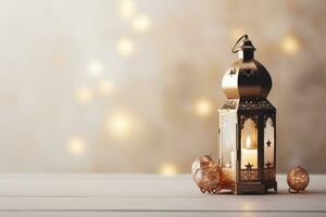 AI generated Lantern with Christmas decoration on table against blurred lights. Space for text, celebration of islamic eid mubarak and eid al adha lantern in a light background copy space photo