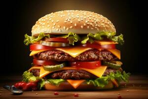 AI generated Big tasty hamburger on wooden table and dark background. Toned, Big fastfood tasty restaurant burger hamburger cheeseburger, AI Generated photo