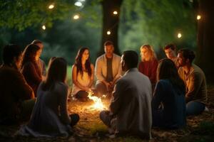 ai generado grupo de amigos sentado alrededor un hoguera en el bosque a noche, un grupo de creyentes comprometido en un circulo de oración con suave, sereno Bokeh, ai generado foto