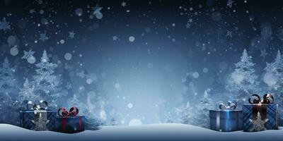 AI generated Merry Christmas and new year, gift boxes bokeh background. Christmas gifts background. AI Generated photo