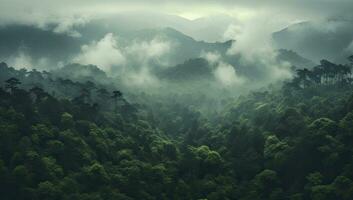 AI generated Beautiful scenery of green tree forest enveloped in fog photo