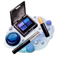 Blue makeup set. Watercolor spot. Powder and mascara, lipstick and eyeliner, blush and blender, eyeshadow, nail polish, brush, contouring, highlighter, concealer. Isolated. For card or banner. png