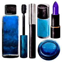 Blue set of decorative cosmetics for makeup painted in watercolor. Toner, mascara, blue lipstick, eye shadow, nail polish, eyeliner. Isolated pictures. For postcards and sales. png
