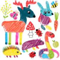 handgemalt Kinder- Tiere. Wald Reh, Hase, Pferd, Igel, Schlange, Wasserschwein, Marienkäfer, Schmetterlinge, Biene. Kinder Zeichnungen mit Bleistift Technik. isoliert Bilder. zum Textilien und Scrapbooking. png