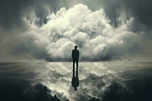 AI generated Isolating Man depression cloud. Generate Ai photo