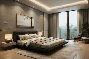 AI generated Bedroom in calm Zen style, Decorative style close to nature. photo