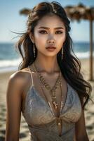 AI generated Beautiful young woman walks on the beach on vacation. photo