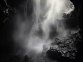 ai generado un negro y blanco foto de fumar viniendo fuera de un cueva, creando un niebla