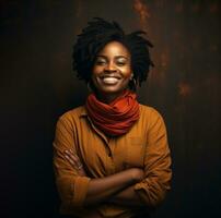 ai generado un negro mujer sonriente con su brazos cruzado, vistiendo amarillo camisa y rojo bufanda foto