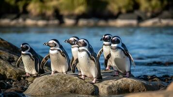 ai generado un grupo de seis pingüinos en pie en rocas por el agua borde, un grupo de pingüinos anadeando a lo largo el playa foto