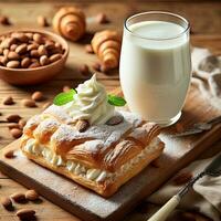 ai generado zalamero Pastelería con crema y un vaso Leche en el mesa ai generativo foto