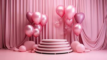 AI generated Pink product podium with balloon on the curtain background AI Generative photo