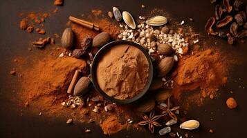 AI generated Top view cocoa powder with cocoa bean AI Generative photo