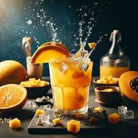 AI generated Splash orange juice on the table AI Generative photo