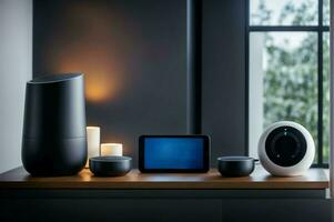 AI generated A sleek and modern smart home setup, showcasing interconnected devices photo