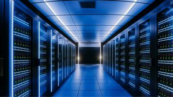 AI generated A panoramic view of a data center filled with rows of servers, bathed in a soft, cool light. photo