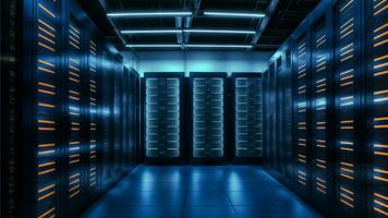 AI generated A panoramic view of a data center filled with rows of servers, bathed in a soft, cool light. photo