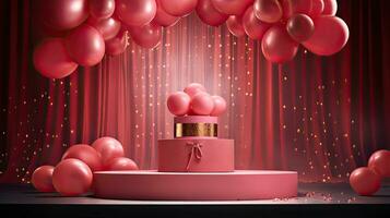 AI generated Pink product podium with balloon on the curtain background AI Generative photo