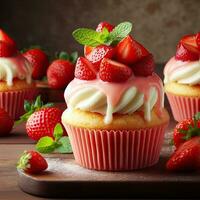 AI generated Strawberry cup cake with light exposure AI Generative photo