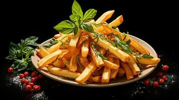 AI generated French fries with basil leaf on the plate AI Generative photo