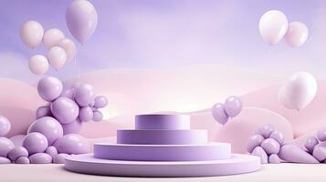 AI generated Purple podium product mockup with purple balloon AI Generative photo