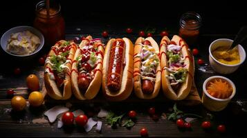 AI generated Delicious hotdog on the wooden table AI Generative photo