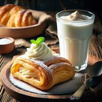 AI generated Creamy pastry with a glass of milk AI Generative photo