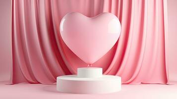 AI generated Pink heart balloon with podium on the curtain background AI Generative photo