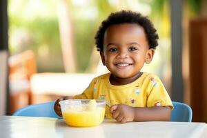 ai generado africano niño sonriente y comiendo un plato lleno de alimento. generativo ai foto