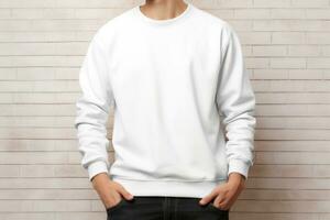 AI generated man wearing a white Blank mockup sweater . Generative AI photo