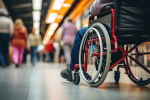 AI generated closeup of disabled person riding in wheelchair at train station . disability insurance. generative AI photo