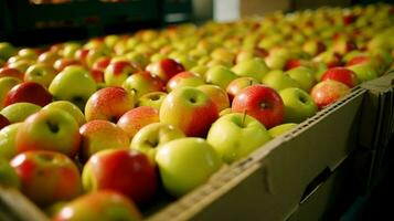 AI generated Apples in a food processing facility, clean and fresh in store . Generative AI photo