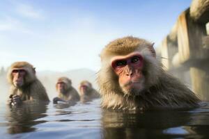 AI generated Japanese monkeys, snow monkeys, warm themselves in a hot spring in winter. Generative AI. photo