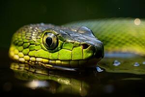 ai generado un cerca arriba de un serpiente nadar en un tanque de agua. generativo ai foto