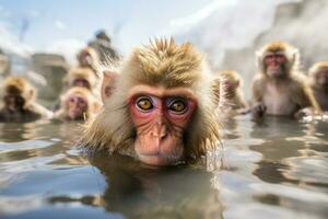 AI generated Japanese monkeys, snow monkeys, warm themselves in a hot spring in winter. Generative AI. photo