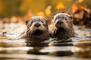 AI generated otters playfully swimming in the water and looking at the camera, generative AI photo