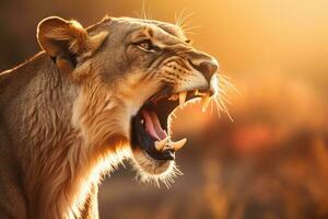 AI generated Close-up of an angry roaring lion ready to attack. Generative AI photo