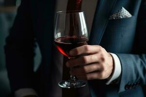 AI generated business man hands holding a red wine glass .generative ai photo