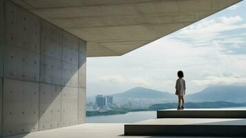 AI generated Woman Standing on Platform, Gazing at Water photo