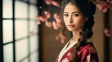 AI generated Woman in Kimono Captivated by the Serene View photo