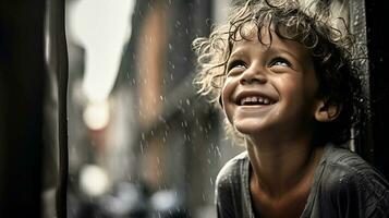 ai generado pequeño chico disfrutando el lluvia foto