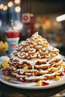 AI generated A delicious stack of waffles topped with powdered sugar and fresh fruit photo