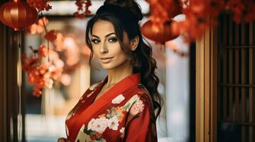 ai generado mujer en rojo kimono poses para imagen foto