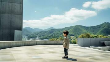 AI generated Young Boy Standing on Cement Slab photo